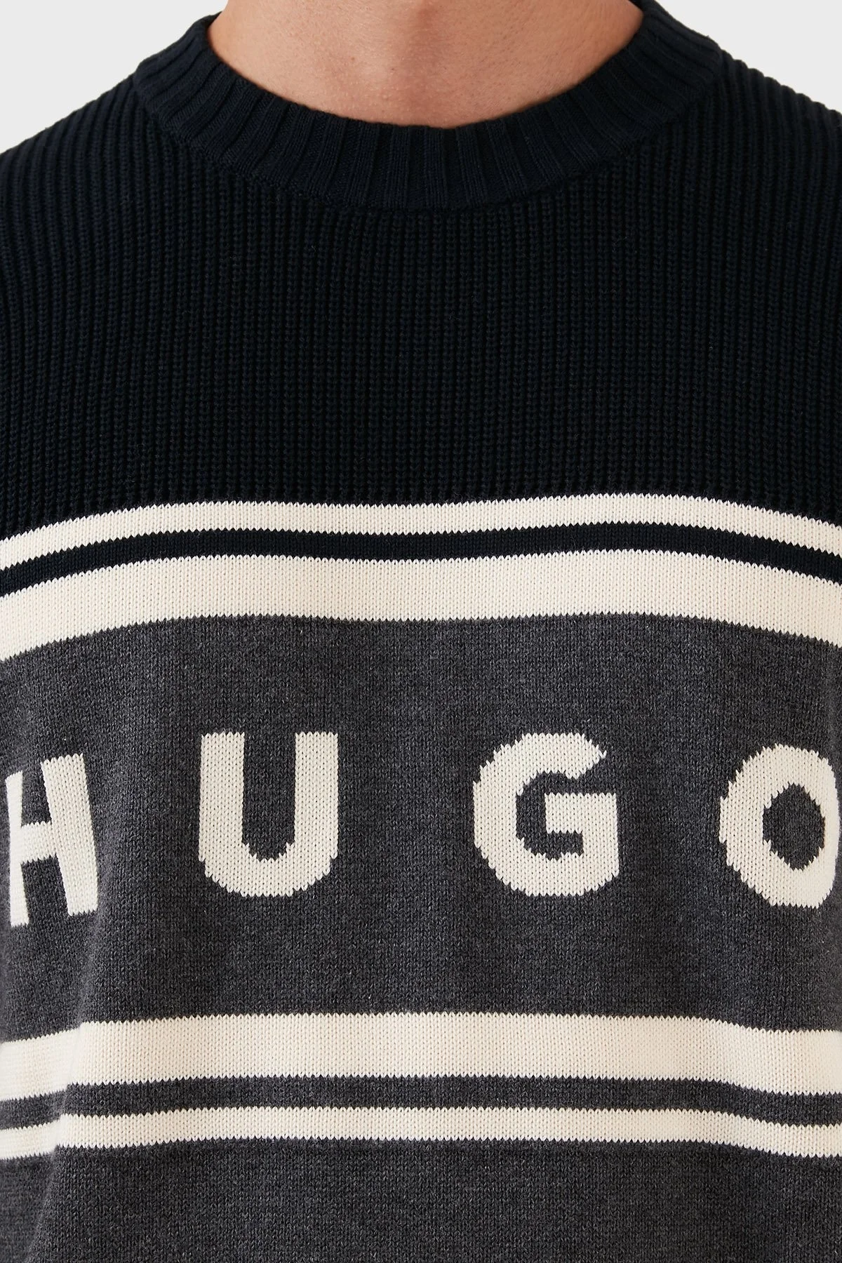 Hugo % 100 Pamuk Jakarlı Relaxed Fit Bisiklet Yaka Erkek Kazak 50474824 021 GRİ - 4