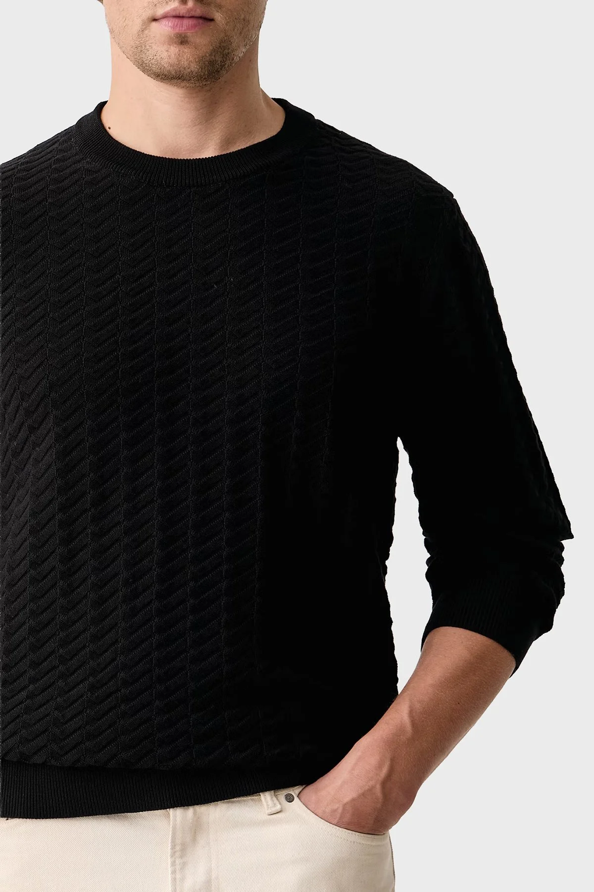 Hugo %100 Pamuk Regular Fit Bisiklet Yaka Balıksırtı Desenli Erkek Kazak 50570261 001 Siyah - 4