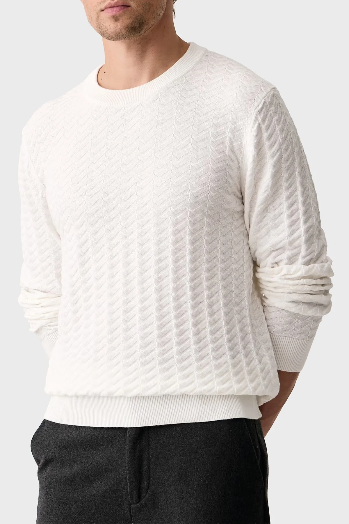 Hugo %100 Pamuk Regular Fit Bisiklet Yaka Balıksırtı Desenli Erkek Kazak 50570261 102 Beyaz - 4