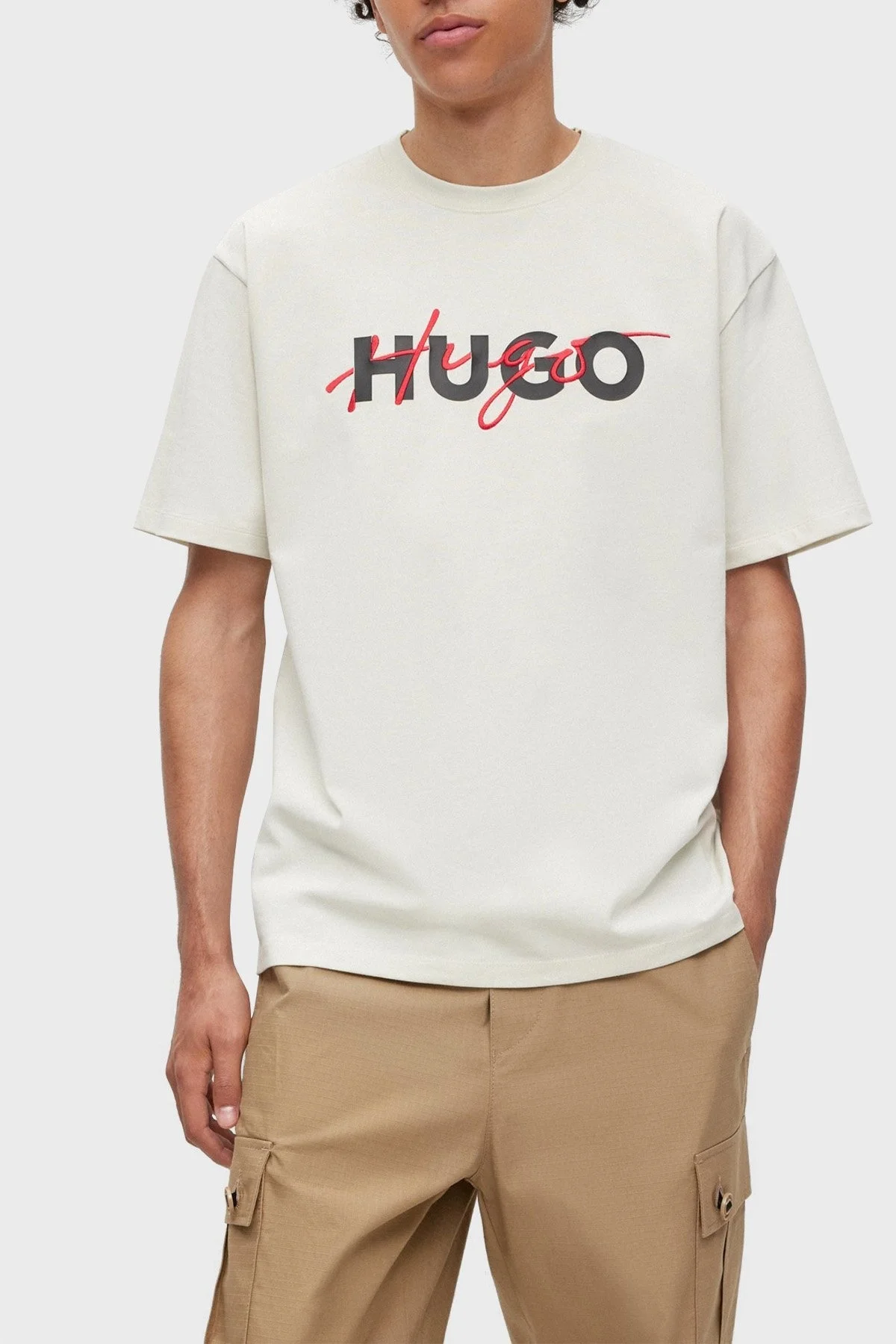Hugo % 100 Pamuk Relaxed Fit Bisiklet Yaka Erkek T Shirt 50494565 333 EKRU - 1