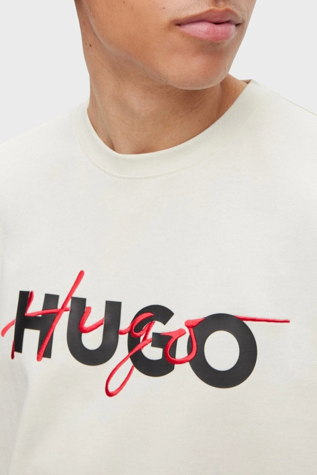 Hugo % 100 Pamuk Relaxed Fit Bisiklet Yaka Erkek T Shirt 50494565 333 EKRU - 4