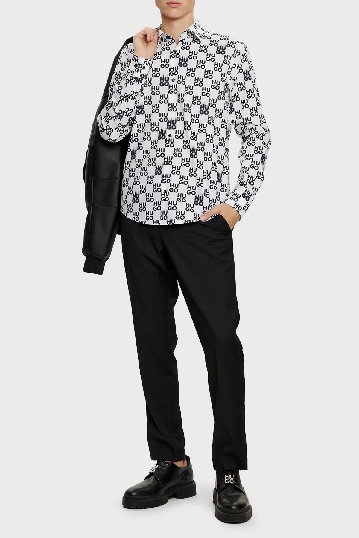 Hugo % 100 Pamuk Slim Fit Tamamı Logolu Erkek Gömlek 50534257 199 SİYAH-BEYAZ - 2