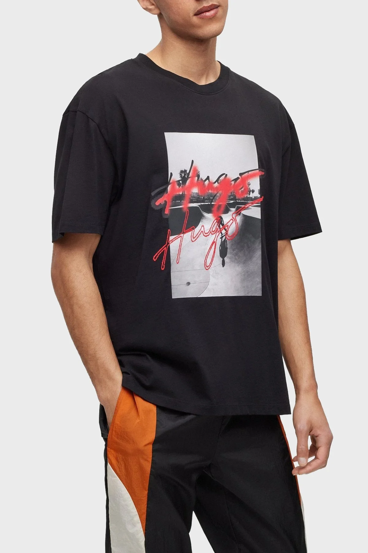 Hugo Baskılı % 100 Pamuk Oversize Bisiklet Yaka Erkek T Shirt 50491813 001 SİYAH - 1