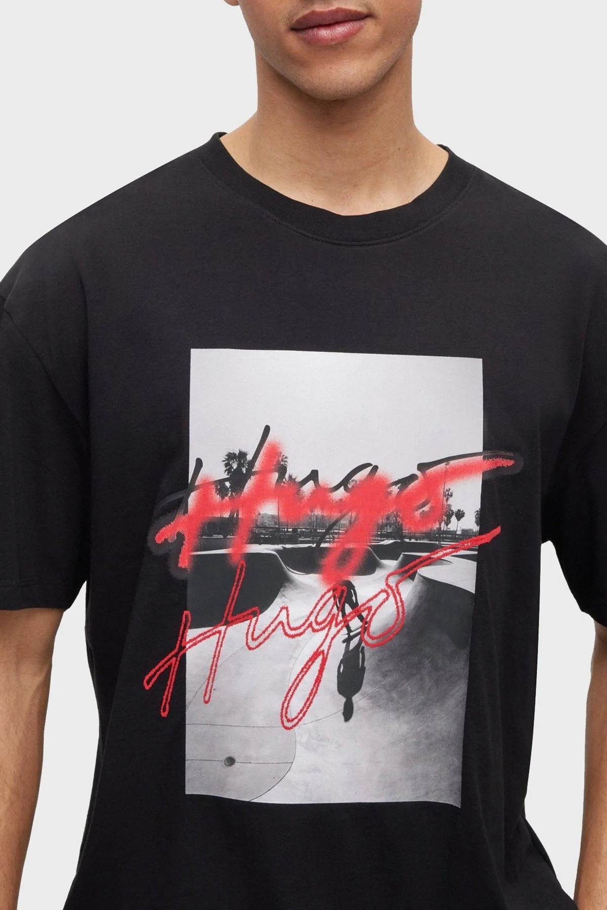 Hugo Baskılı % 100 Pamuk Oversize Bisiklet Yaka Erkek T Shirt 50491813 001 SİYAH - 4