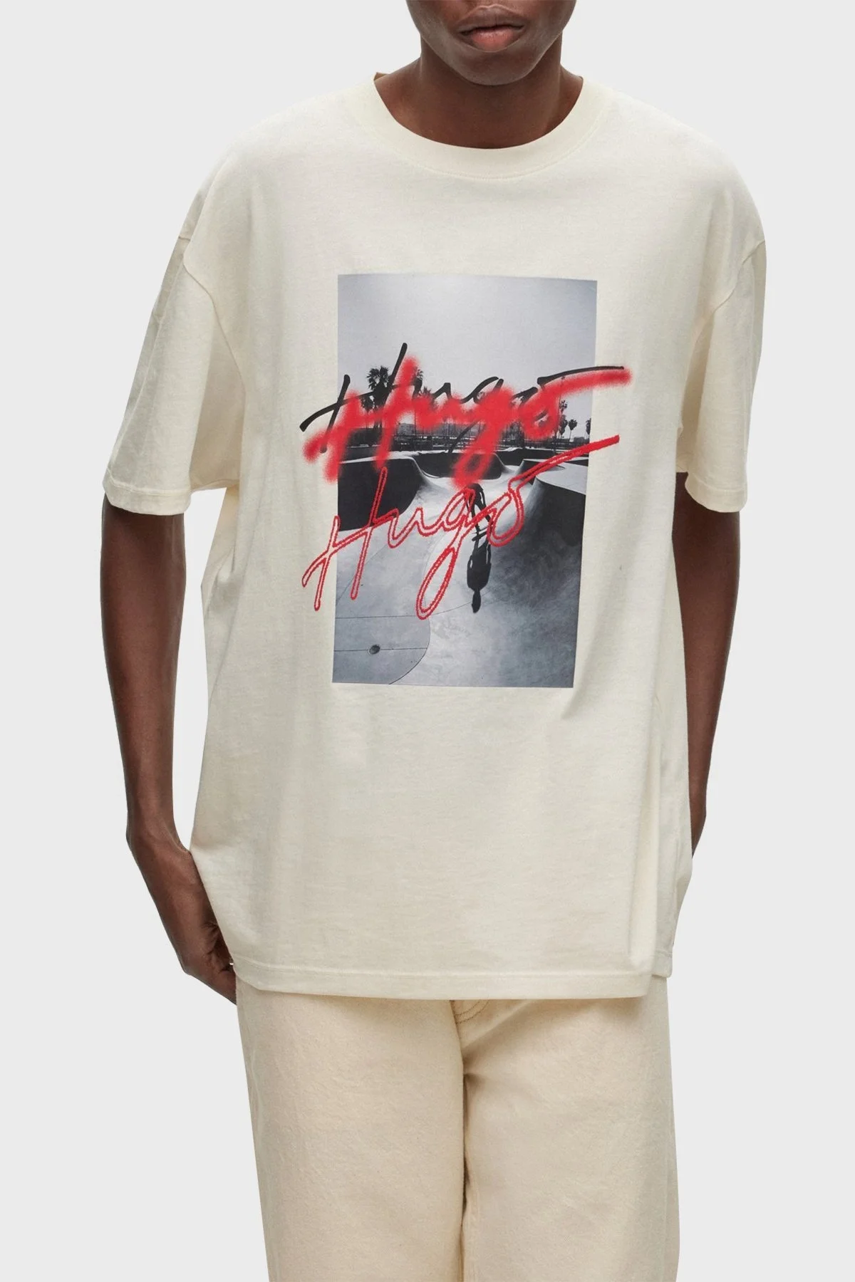 Hugo Baskılı Bisiklet Yaka % 100 Pamuk Oversize Erkek T Shirt 50491813 118 EKRU - 1