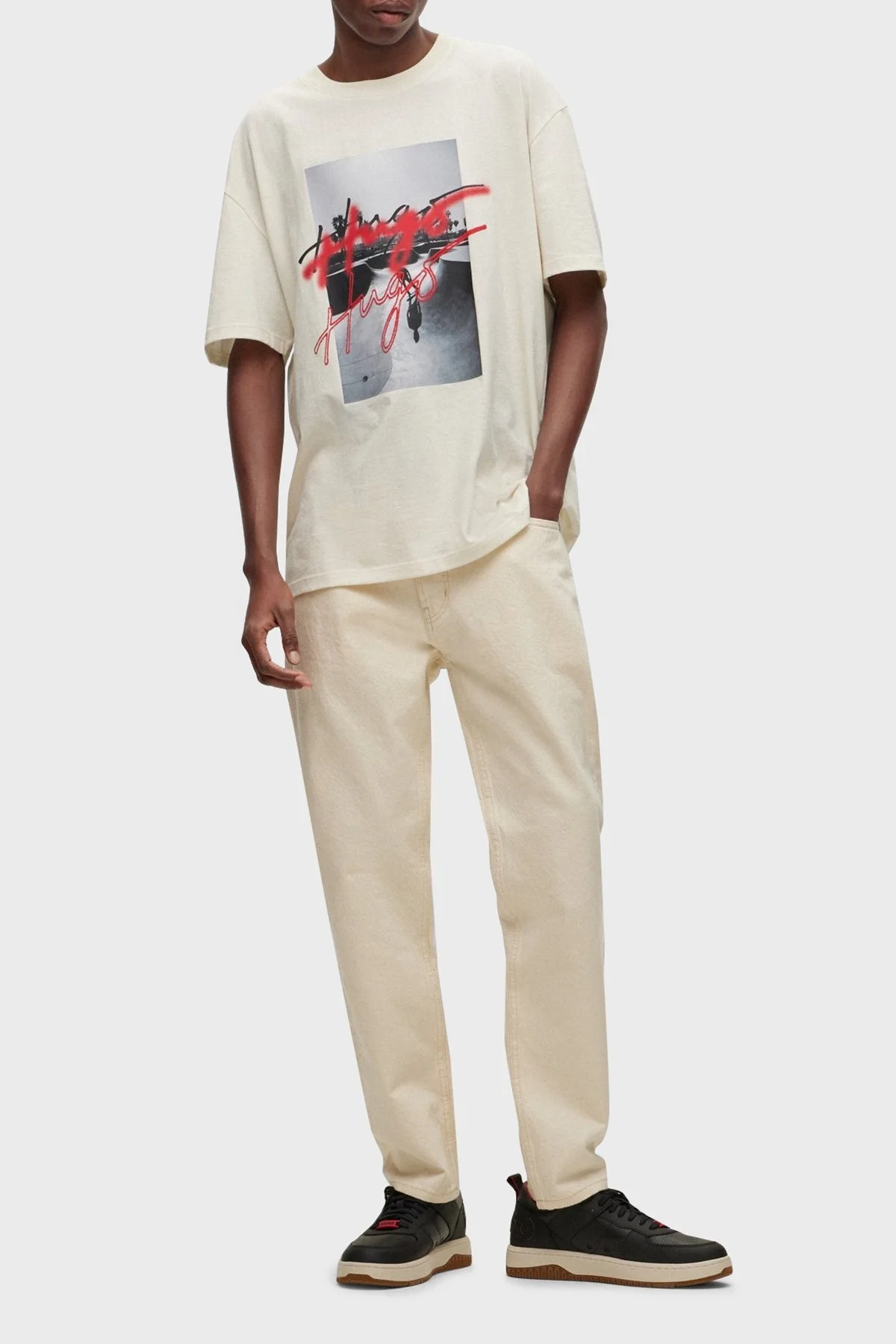 Hugo Baskılı Bisiklet Yaka % 100 Pamuk Oversize Erkek T Shirt 50491813 118 EKRU - 2