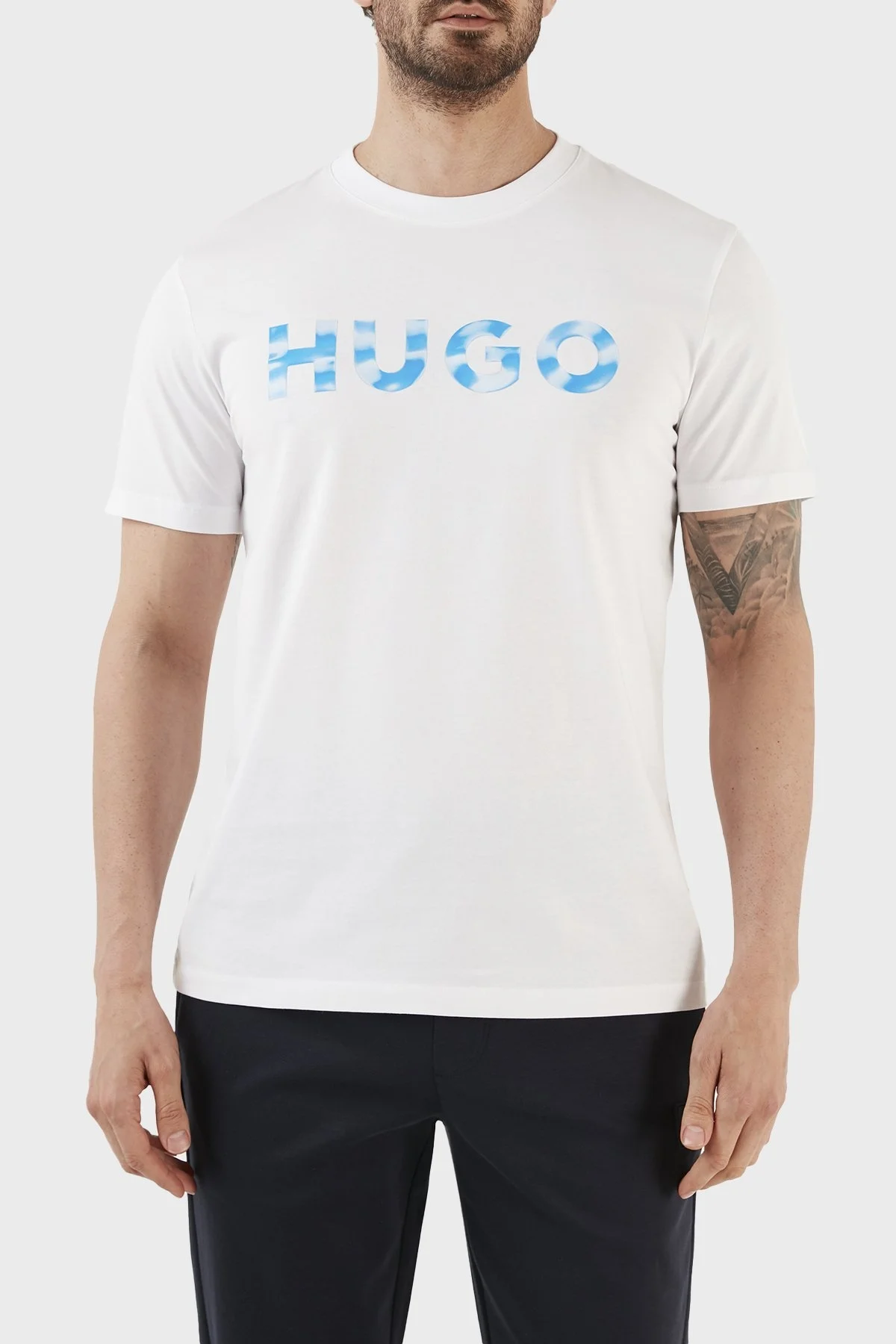 Hugo Baskılı Organik Pamuklu Regular Fit Bisiklet Yaka Erkek T Shirt 50489662 100 BEYAZ - 1