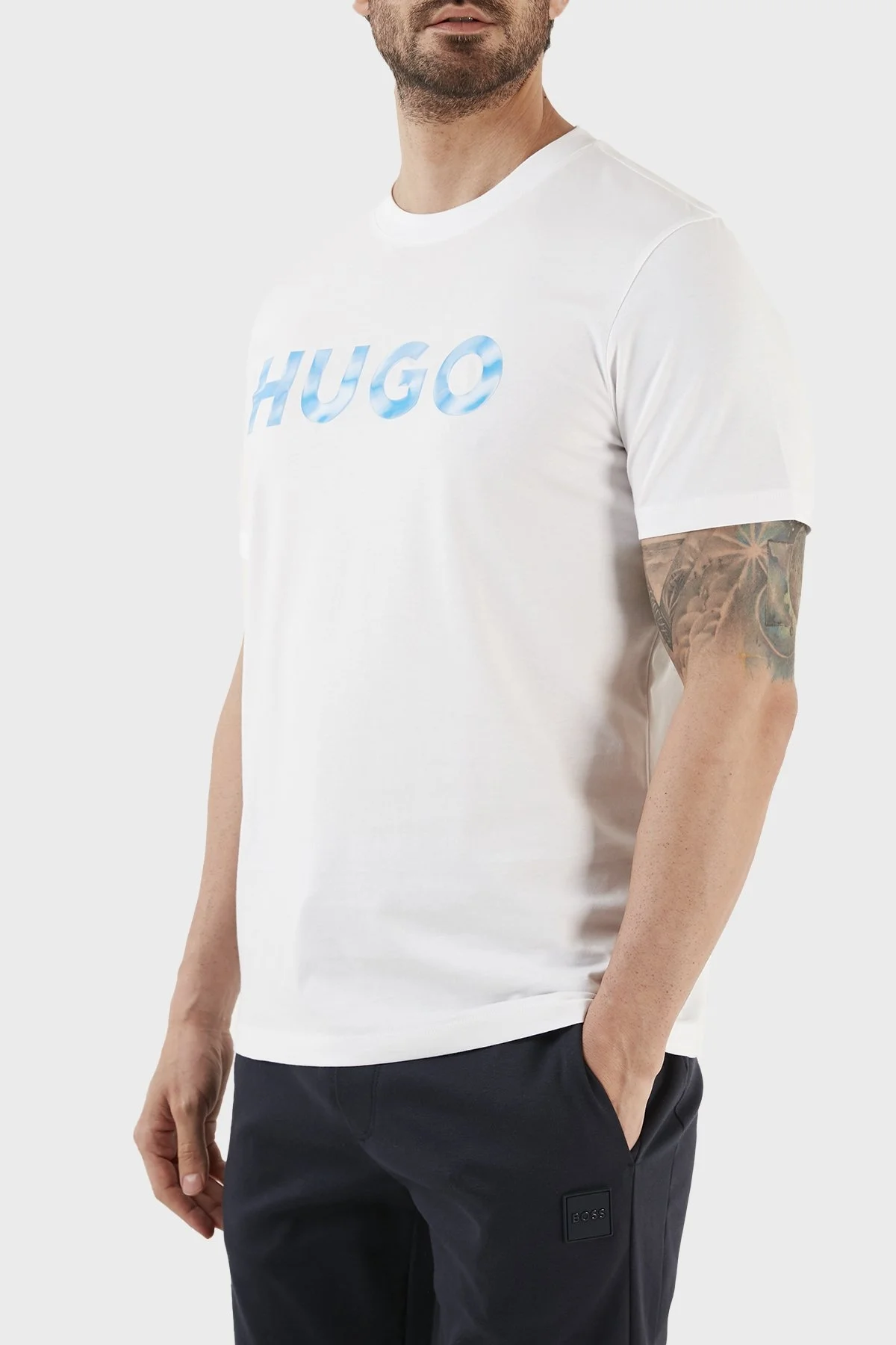 Hugo Baskılı Organik Pamuklu Regular Fit Bisiklet Yaka Erkek T Shirt 50489662 100 BEYAZ - 3
