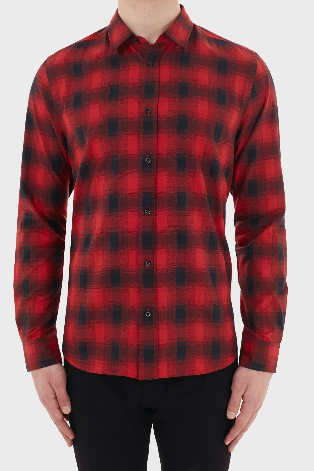 Hugo Boss Kareli Düz Yaka % 100 Pamuk Erkek Gömlek 50438113 693 KIRMIZI - 1