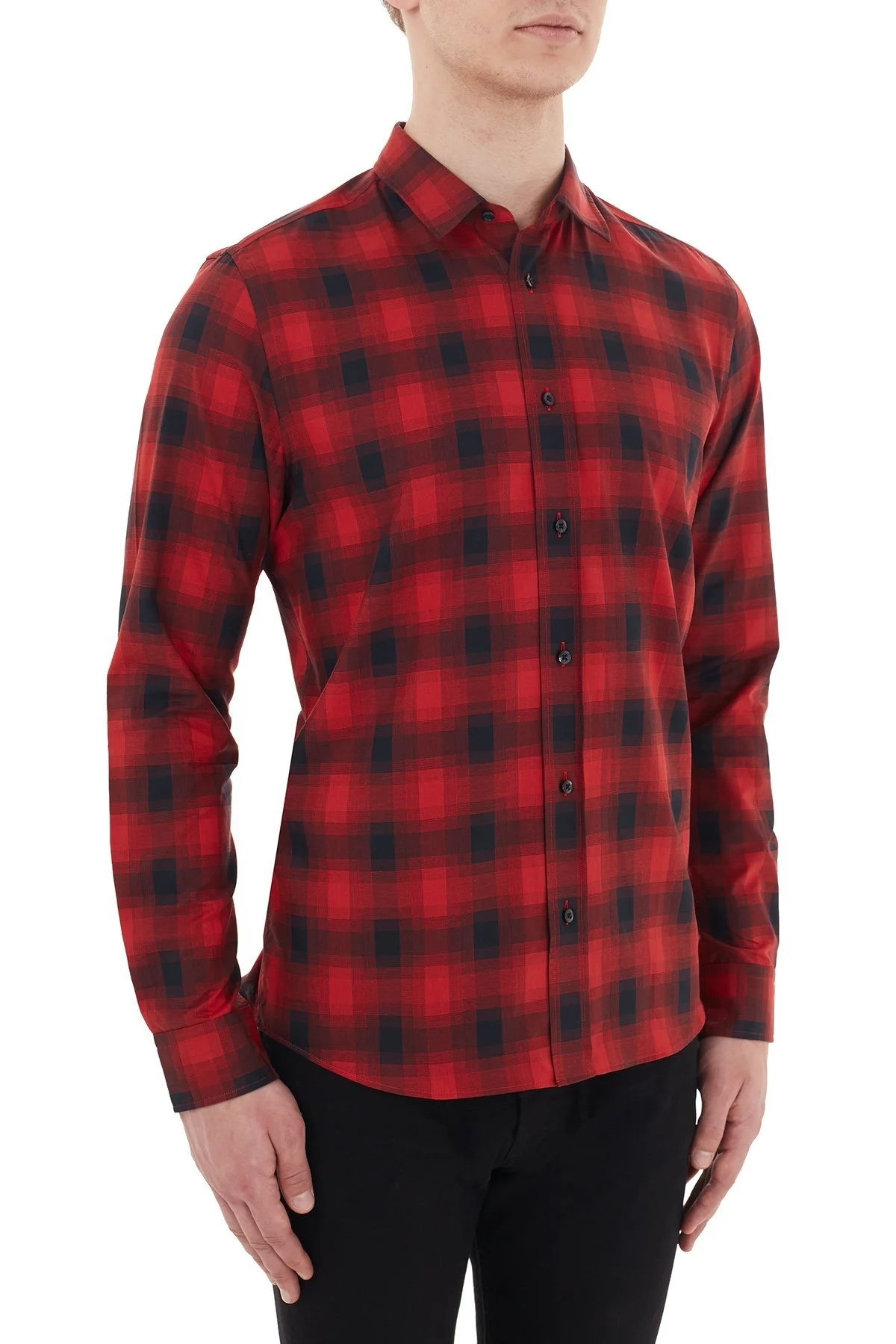 Hugo Boss Kareli Düz Yaka % 100 Pamuk Erkek Gömlek 50438113 693 KIRMIZI - 3