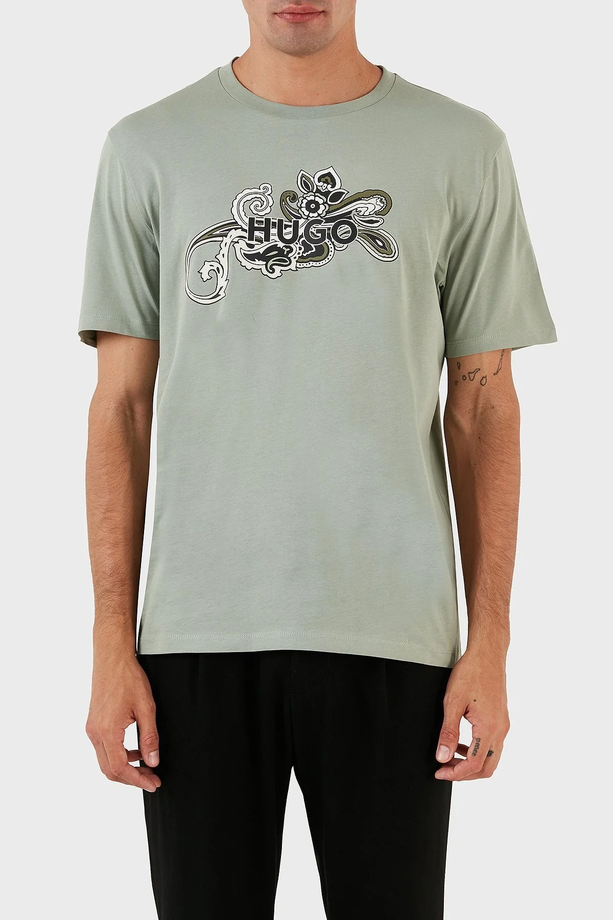 Hugo Desenli % 100 Pamuk Regular Fit Bisiklet Yaka Jarse Erkek T Shirt 50493021 330 AÇIK YEŞİL - 1