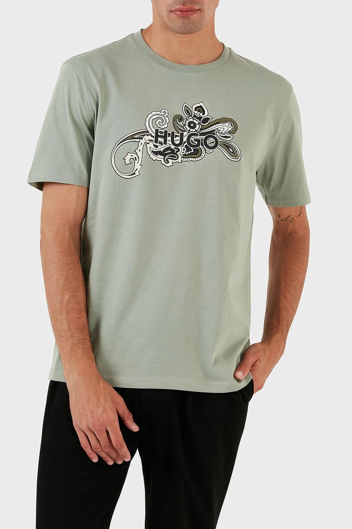 Hugo Desenli % 100 Pamuk Regular Fit Bisiklet Yaka Jarse Erkek T Shirt 50493021 330 AÇIK YEŞİL - 3