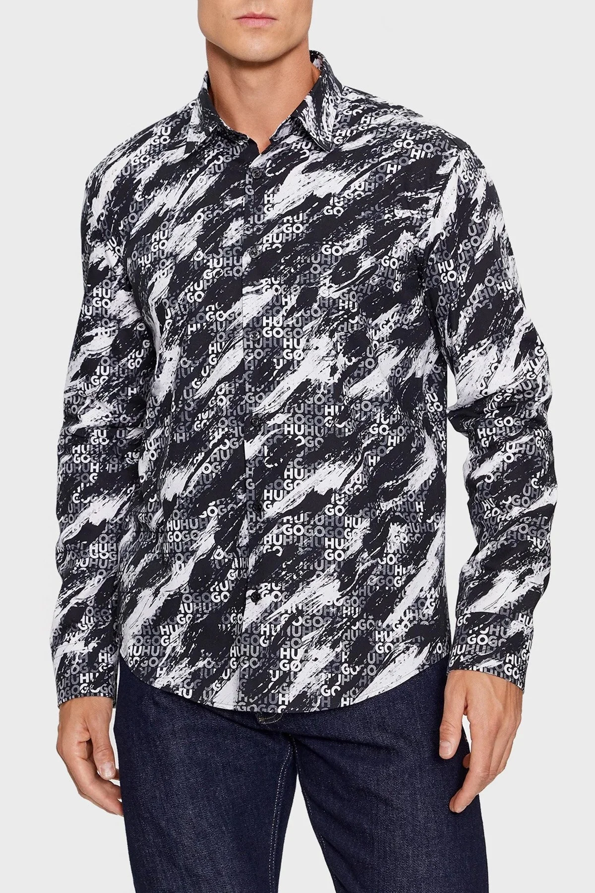 Hugo Desenli Logolu % 100 Pamuk Slim Fit Erkek Gömlek 50501841 001 SİYAH - 1