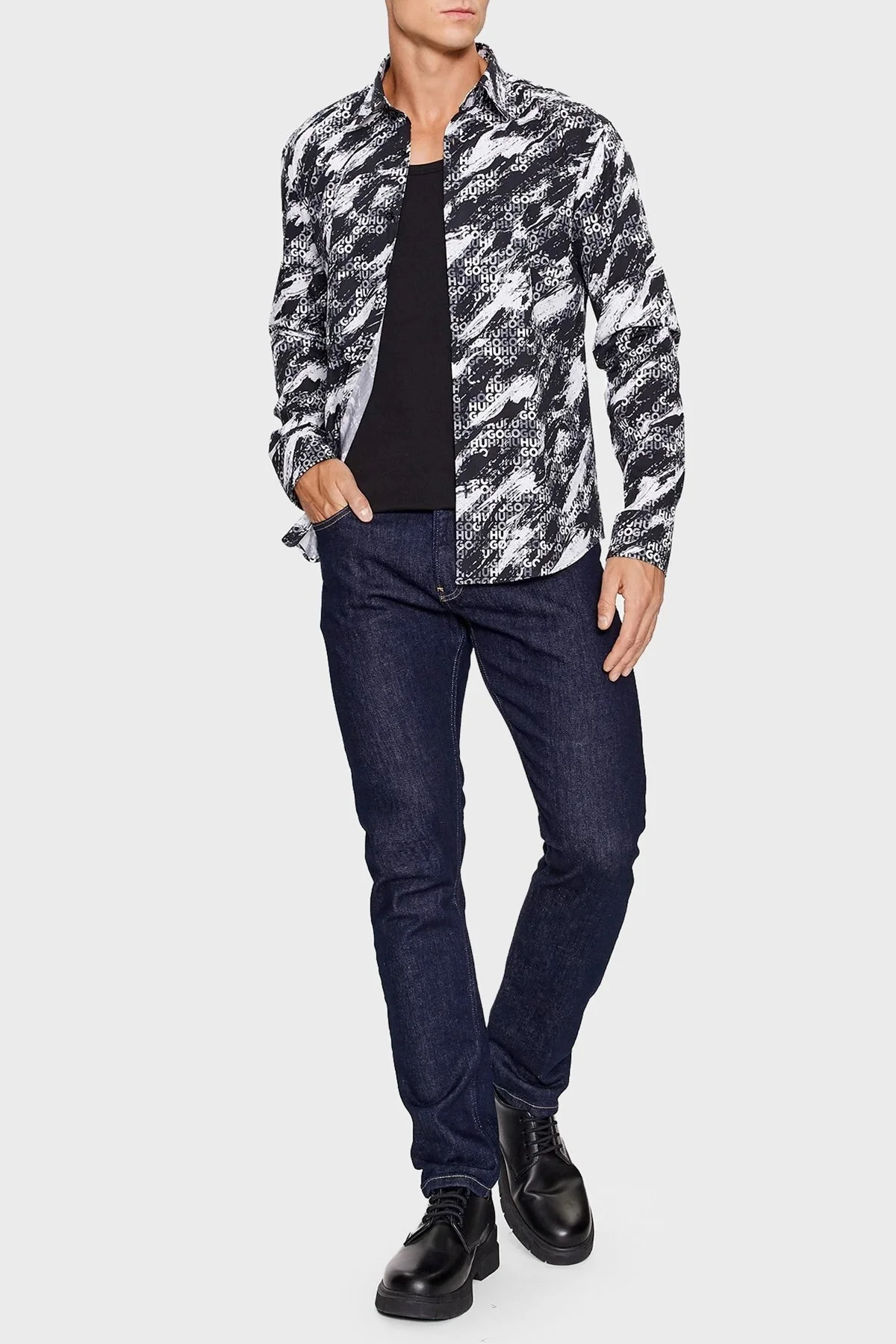 Hugo Desenli Logolu % 100 Pamuk Slim Fit Erkek Gömlek 50501841 001 SİYAH - 2