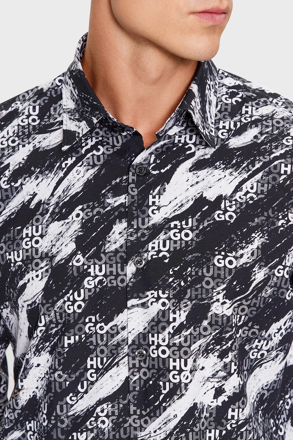 Hugo Desenli Logolu % 100 Pamuk Slim Fit Erkek Gömlek 50501841 001 SİYAH - 4