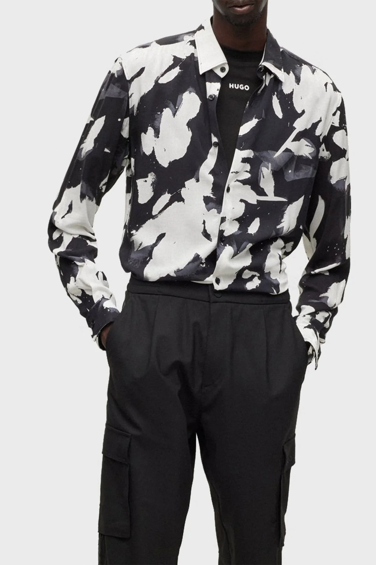 Hugo Desenli Slim Fit Poplin Erkek Gömlek 50484403 001 SİYAH - 2