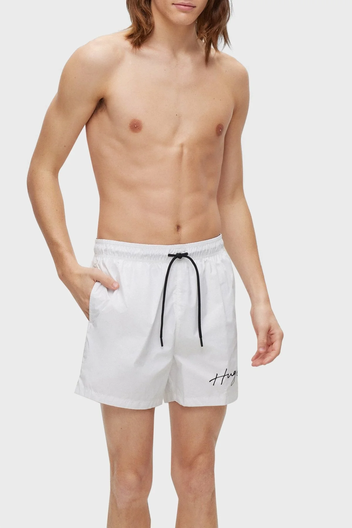 Hugo El Yazısı Logolu Deniz Şortu Belden Bağlamalı Cepli Erkek Mayo Short 50485297 100 BEYAZ - 5