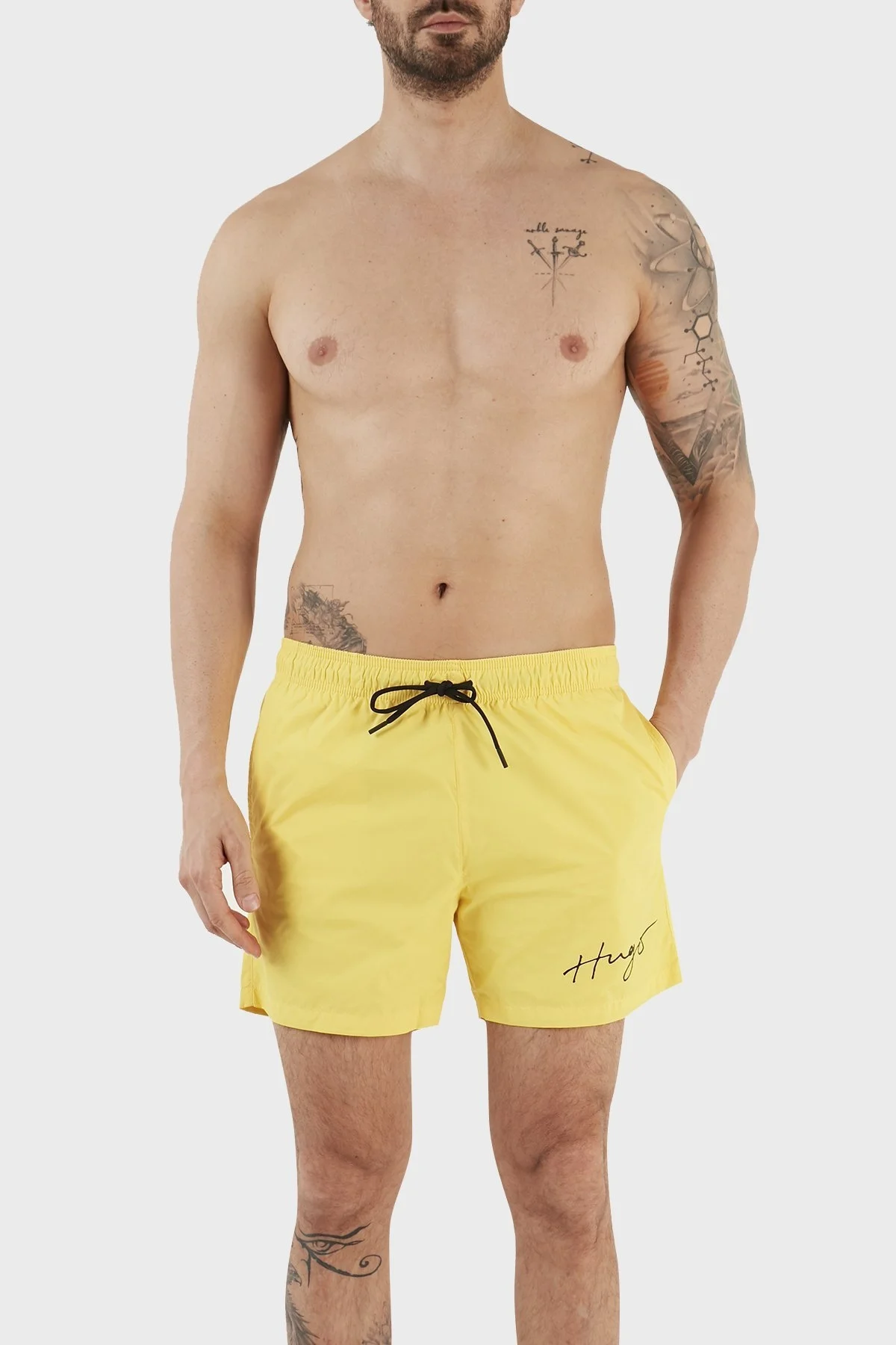 Hugo El Yazısı Logolu Deniz Şortu Belden Bağlamalı Cepli Erkek Mayo Short 50485297 732 SARI - 1