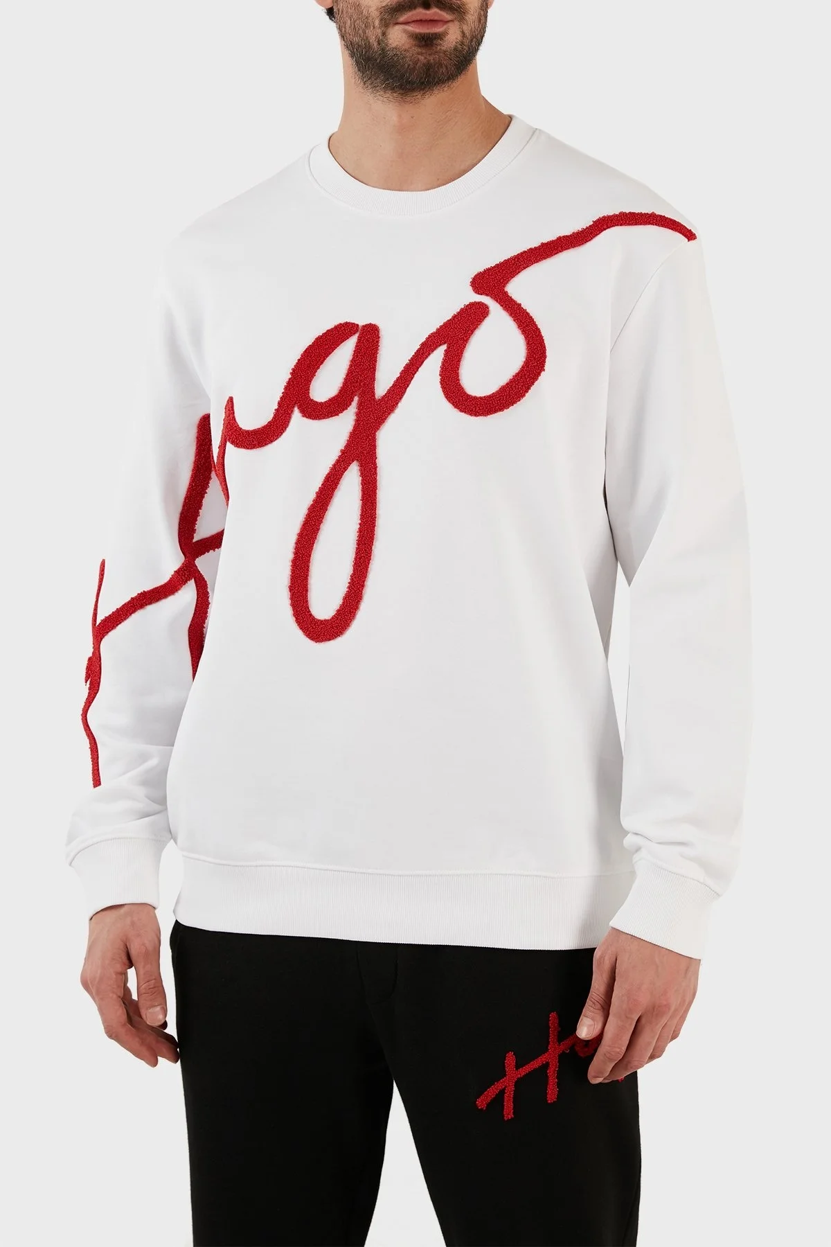 Hugo El Yazısı Logolu Pamuklu Bisiklet Yaka Regular Fit Erkek Sweat 50482922 100 BEYAZ - 1