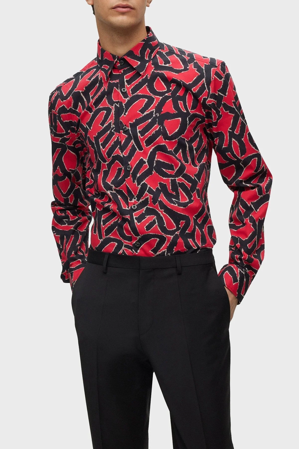 Hugo Esnek Organik Pamuklu Desenli Slim Fit Erkek Gömlek 50495871 693 KIRMIZI-SİYAH - 1