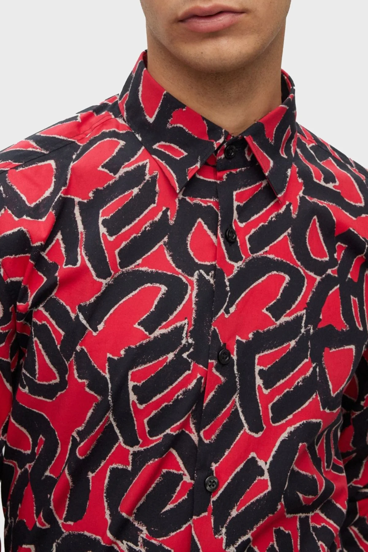 Hugo Esnek Organik Pamuklu Desenli Slim Fit Erkek Gömlek 50495871 693 KIRMIZI-SİYAH - 4