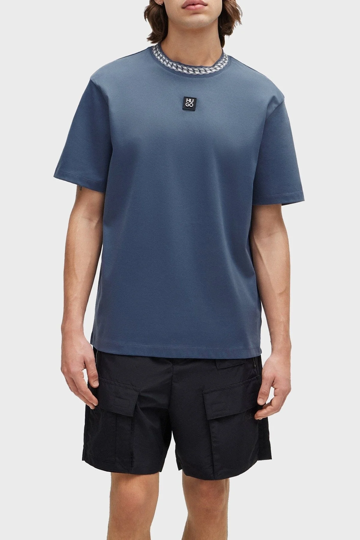 Hugo İnterlok Pamuklu Relaxed Fit Bisiklet Yaka Erkek T Shirt 50510035 462 MAVİ - 1