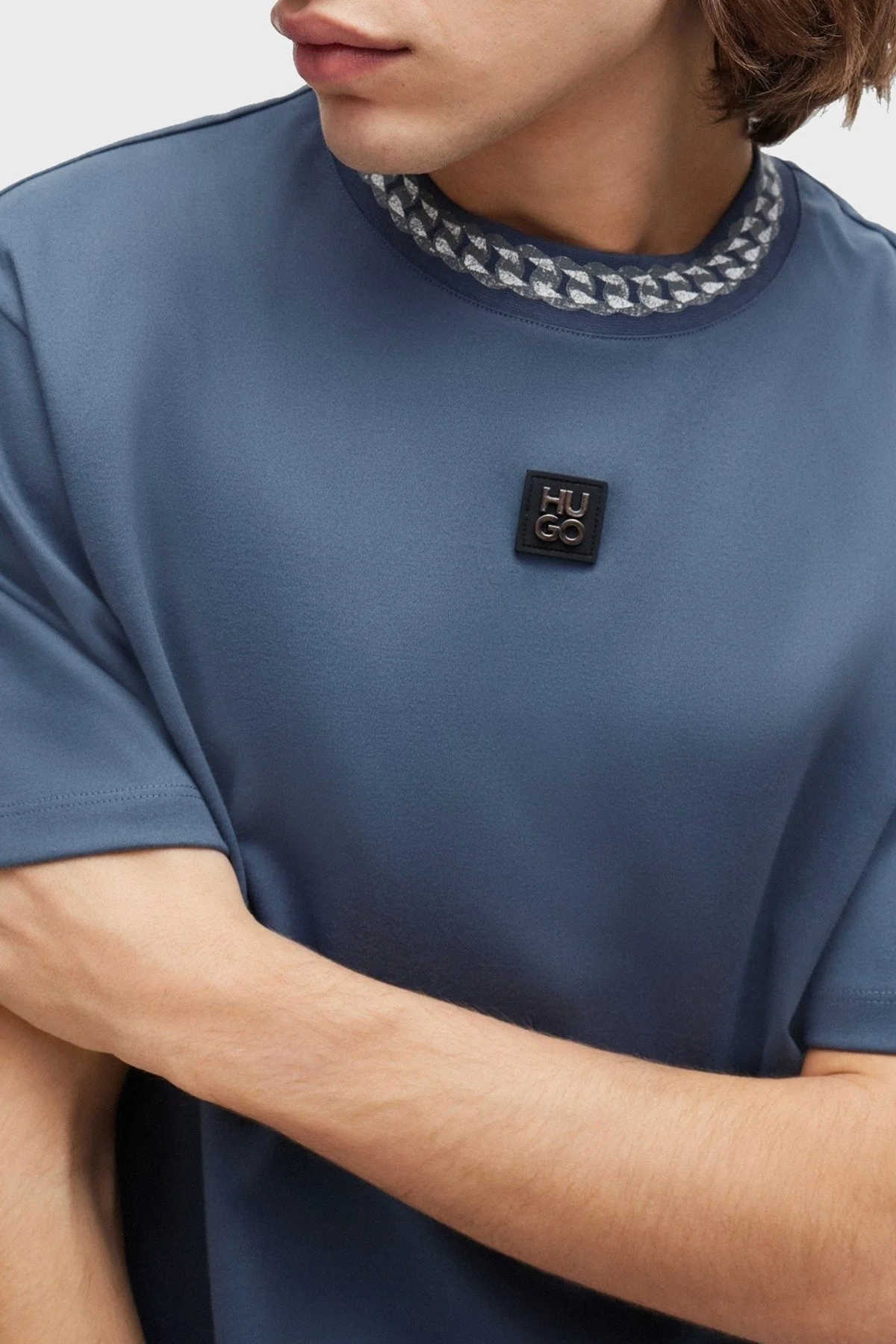 Hugo İnterlok Pamuklu Relaxed Fit Bisiklet Yaka Erkek T Shirt 50510035 462 MAVİ - 4