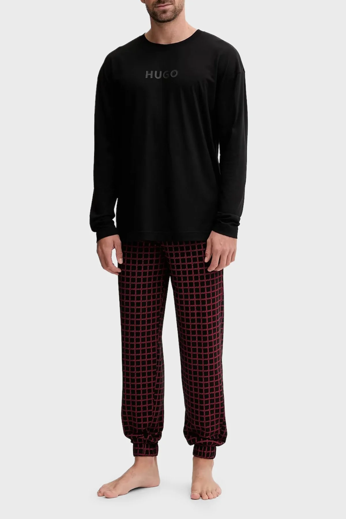 Hugo Kareli Pamuklu Relaxed Fit Uzun Kollu Erkek Pijama Takımı 50550098 961 SİYAH - 1