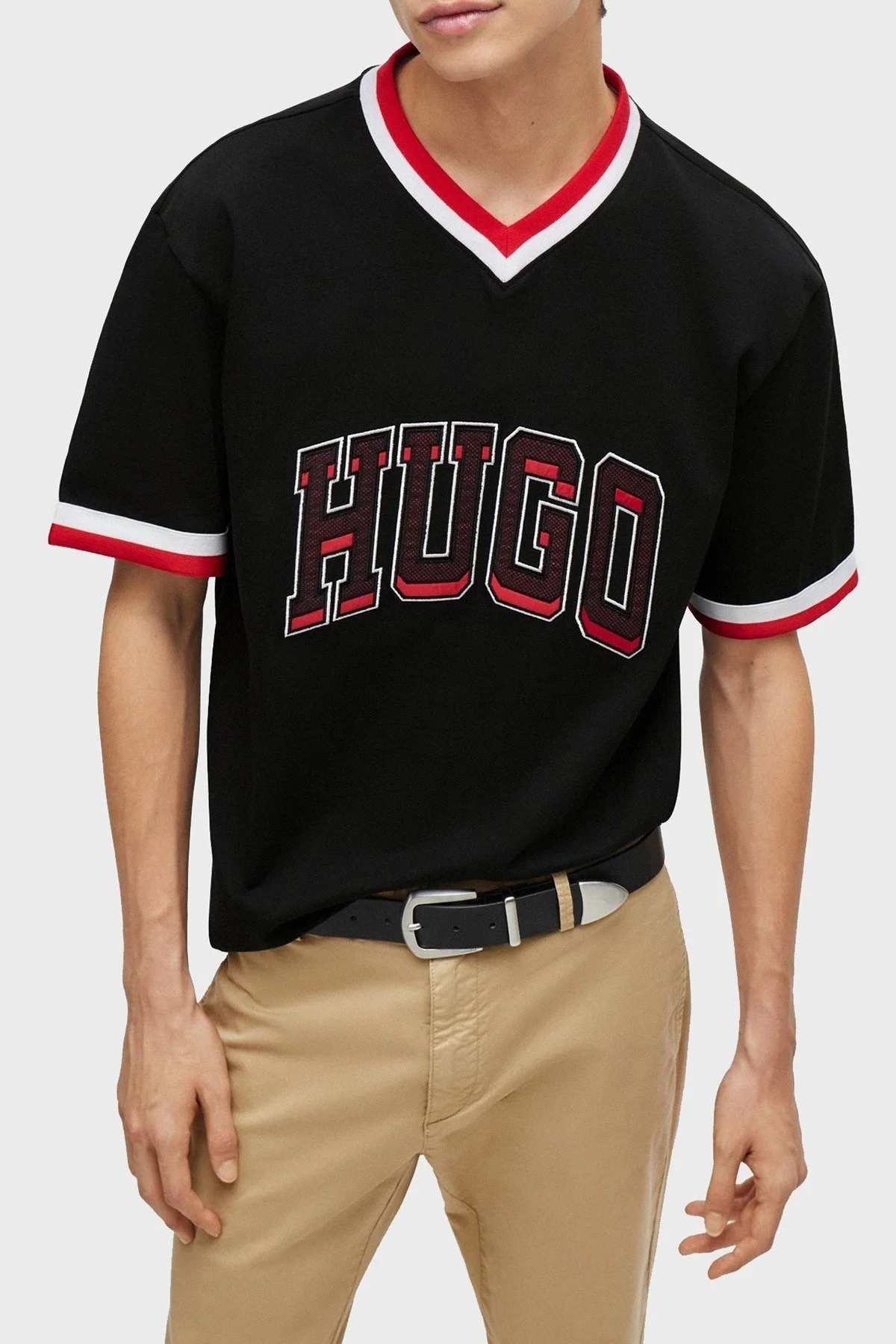 Hugo Logo Baskılı % 100 Pamuk Relaxed Fit V Yaka Erkek T Shirt 50510173 001 SİYAH - 1
