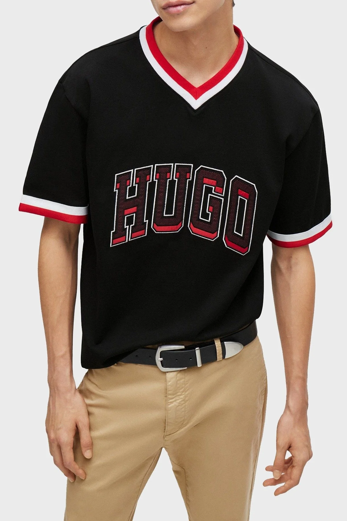 Hugo Logo Baskılı % 100 Pamuk Relaxed Fit V Yaka Erkek T Shirt 50510173 001 SİYAH - 1
