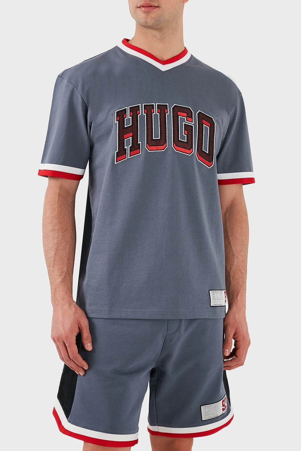 Hugo Logo Baskılı % 100 Pamuk Relaxed Fit V Yaka Erkek T Shirt 50510173 462 MAVİ - 7