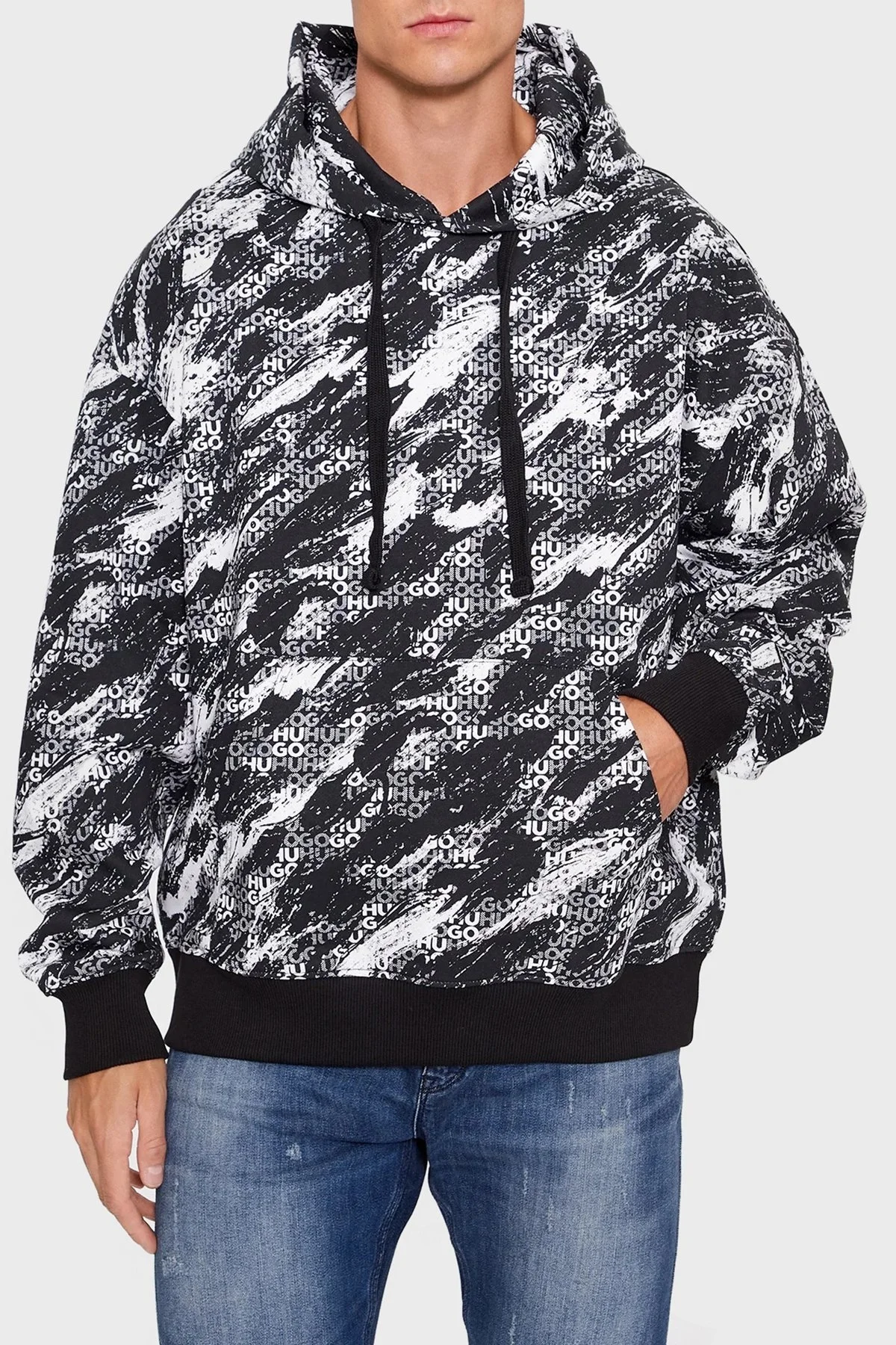 Hugo Logo Baskılı Kapüşonlu Kanguru Cepli % 100 Pamuk Regular Fit Erkek Sweat 50500264 001 SİYAH-BEYAZ - 1