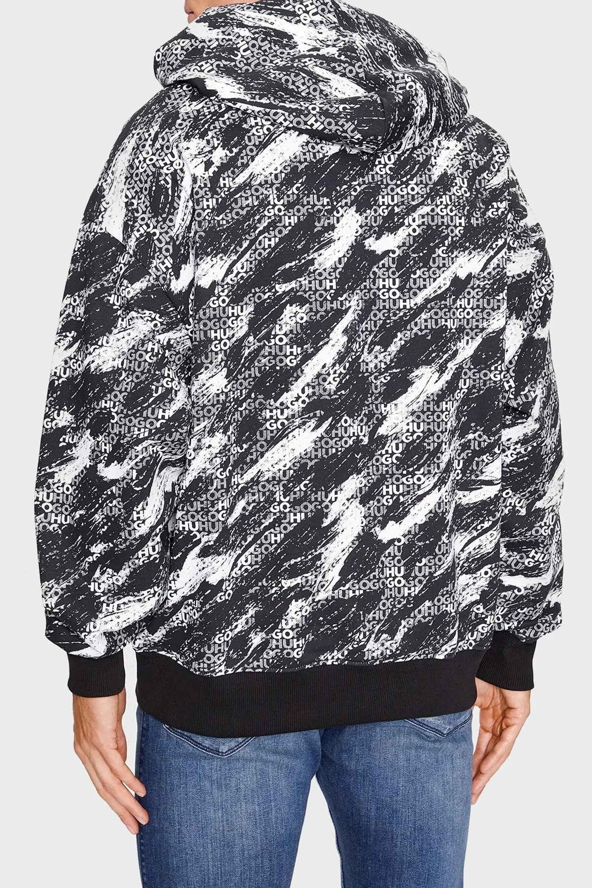 Hugo Logo Baskılı Kapüşonlu Kanguru Cepli % 100 Pamuk Regular Fit Erkek Sweat 50500264 001 SİYAH-BEYAZ - 3