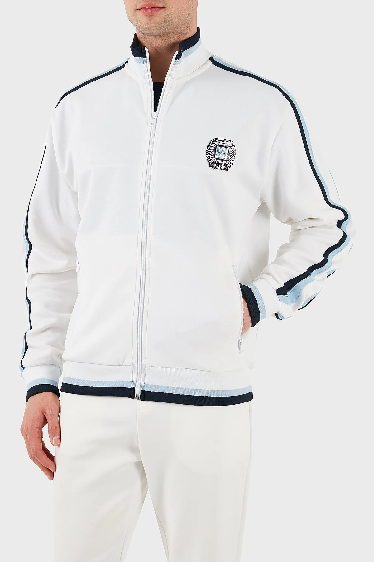 Hugo Logo Baskılı Pamuklu Regular Fit Şerit Detaylı Dik Yaka Erkek Sweat 50510098 100 BEYAZ - 5