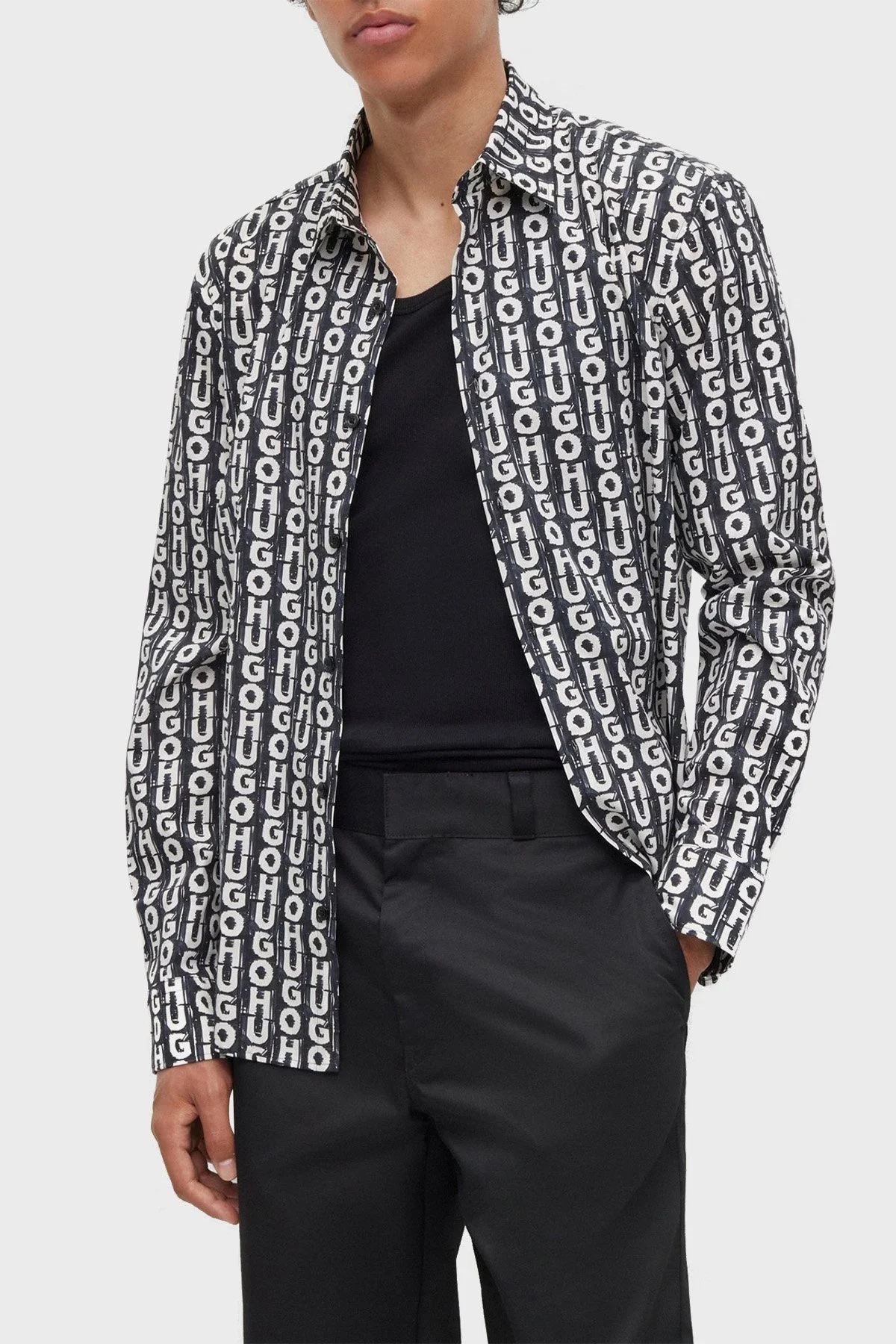 Hugo Logo Baskılı Streç Pamuklu Slim Fit Erkek Gömlek 50495865 001 SİYAH - 1