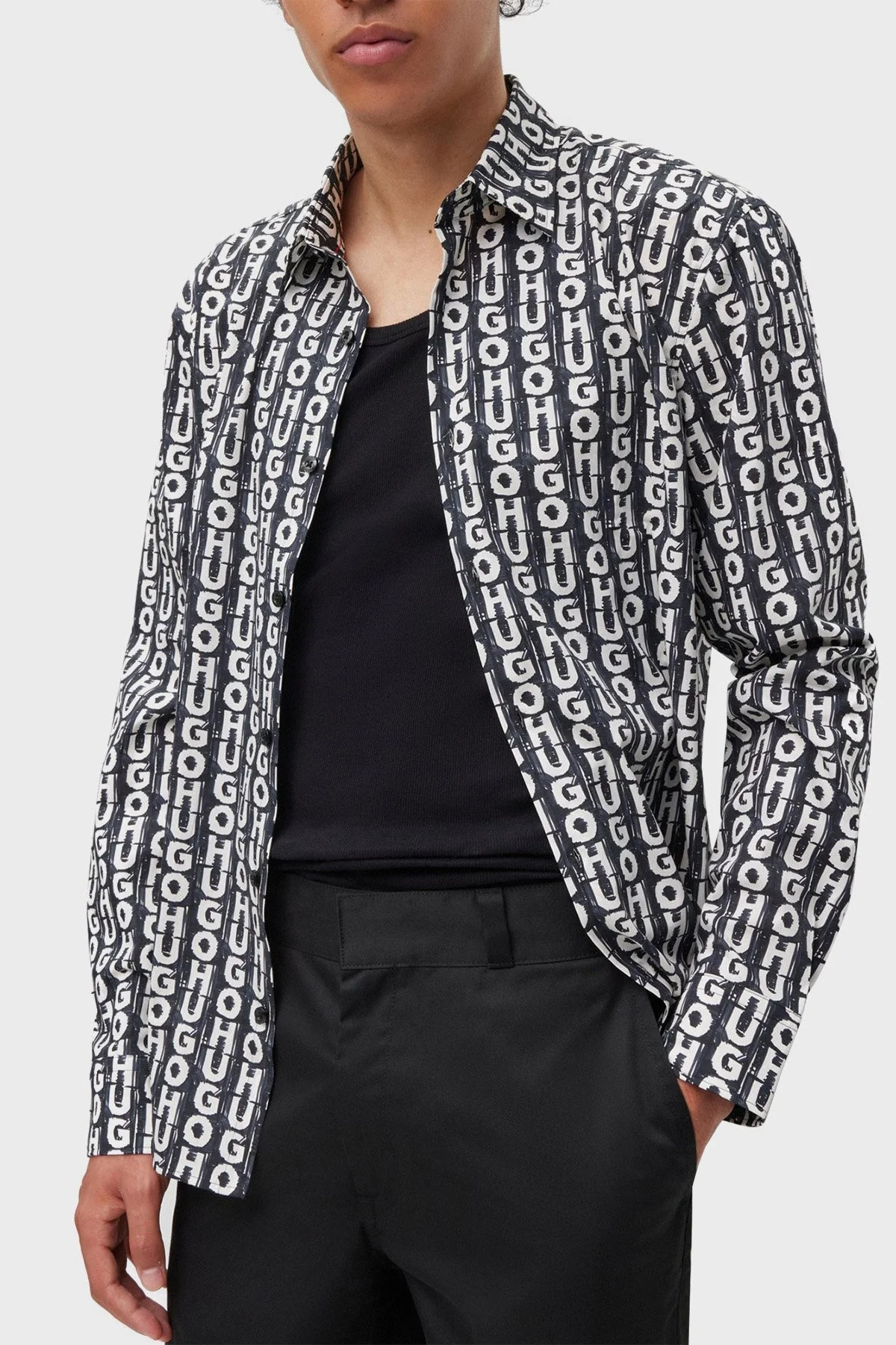 Hugo Logo Baskılı Streç Pamuklu Slim Fit Erkek Gömlek 50495865 001 SİYAH - 4