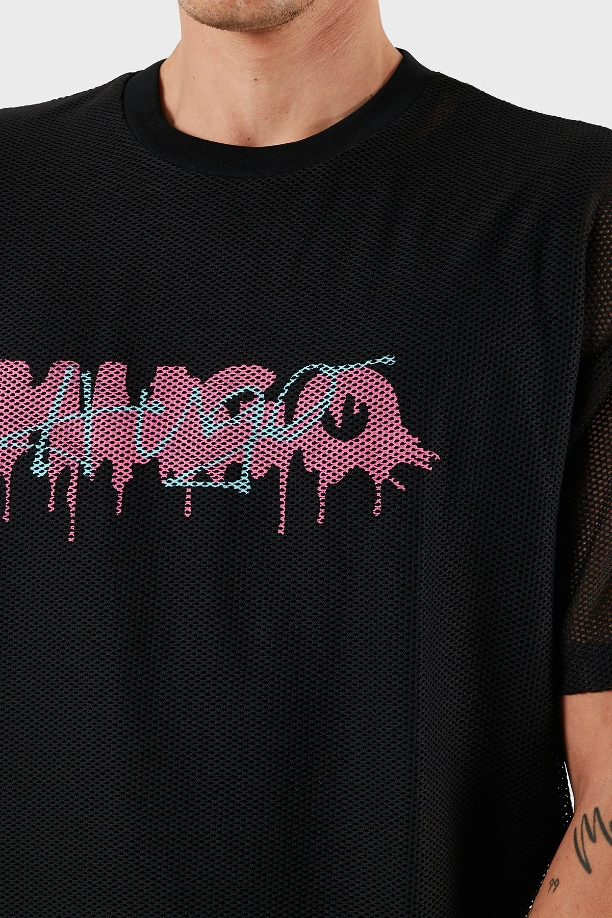 Hugo Logo Efektli Oversize Fit Bisiklet Yaka File Erkek T Shirt 50510000 001 SİYAH - 5