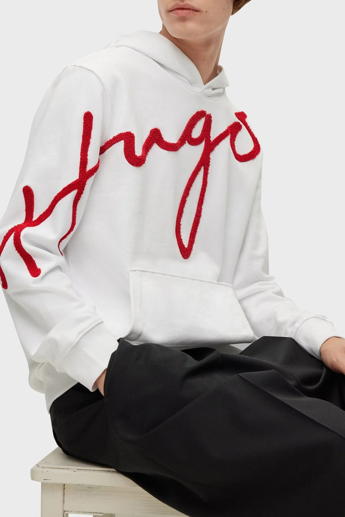 Hugo Logo İşlemeli % 100 Pamuklu Kapüşonlu Regular Fit Erkek Sweat 50482920 100 BEYAZ - 4