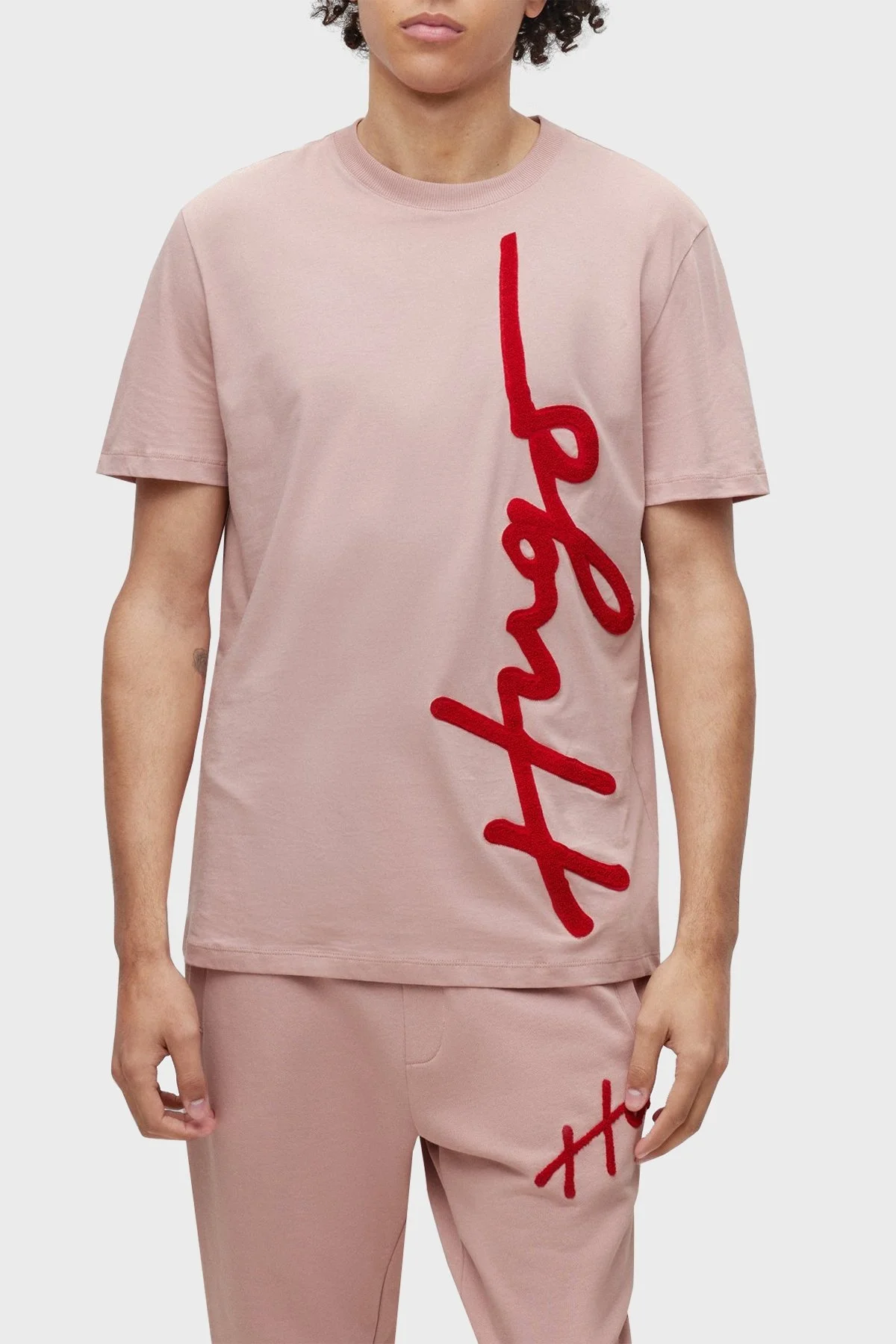 Hugo Logo İşlemeli Organik Pamuklu Bisiklet Yaka Erkek T Shirt 50482884 687 PUDRA - 1