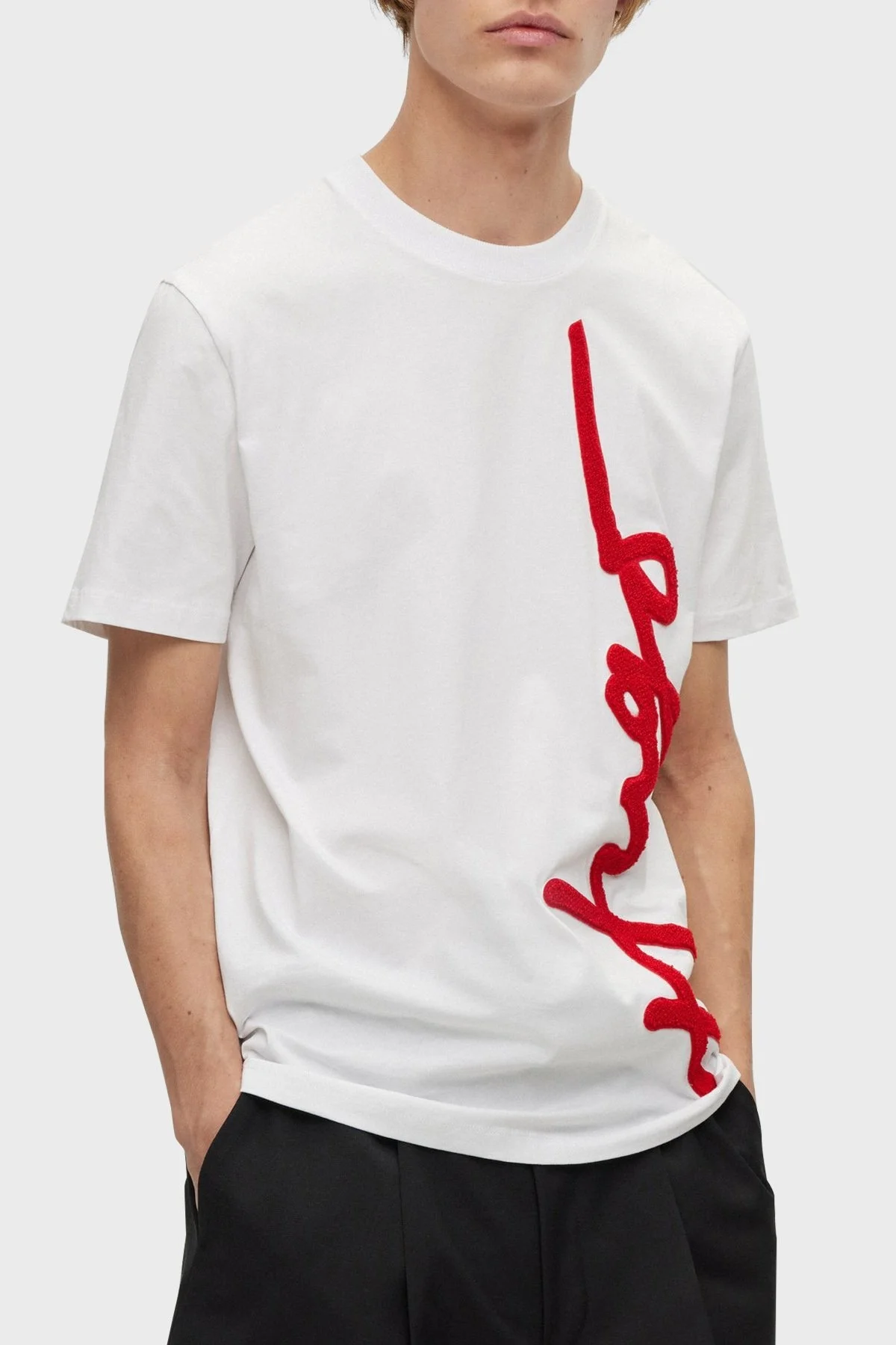 Hugo Logo İşlemeli Organik Pamuklu Bisiklet Yaka Oversize Erkek T Shirt 50482884 100 BEYAZ - 1