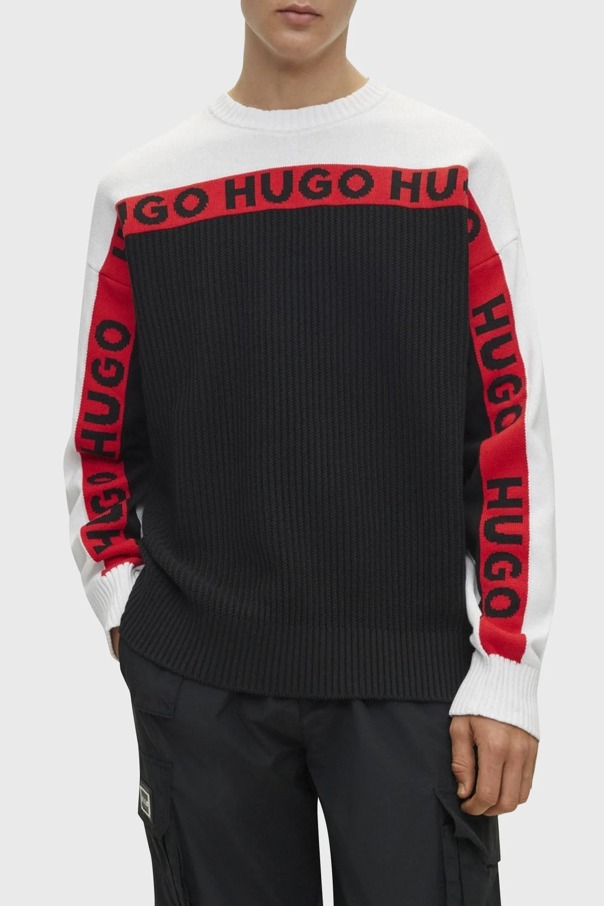 Hugo Logo Şeritli Bisiklet Yaka Pamuklu Relaxed Fit Erkek Kazak 50499995 001 SİYAH - 1