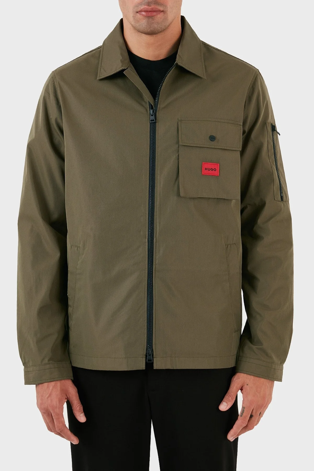Hugo Logo Şeritli Fermuarlı Pamuk Karışımlı Kanvas İnce Erkek Gömlek Ceket 50482701 313 YEŞİL - 1