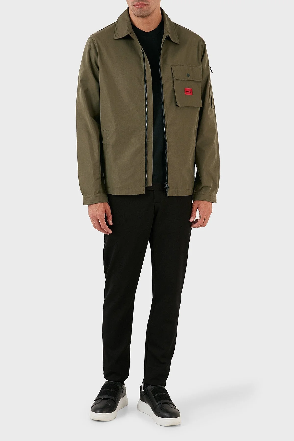Hugo Logo Şeritli Fermuarlı Pamuk Karışımlı Kanvas İnce Erkek Gömlek Ceket 50482701 313 YEŞİL - 3