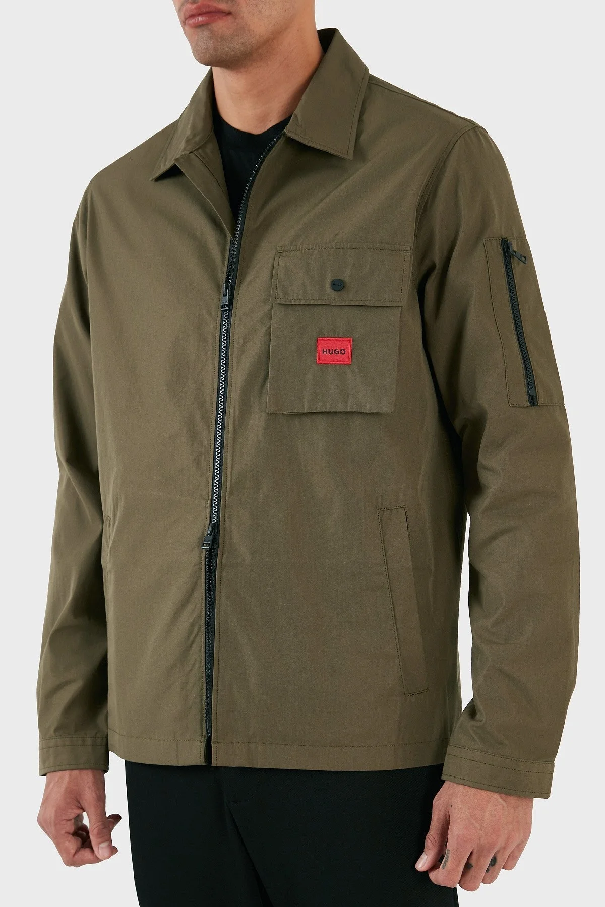 Hugo Logo Şeritli Fermuarlı Pamuk Karışımlı Kanvas İnce Erkek Gömlek Ceket 50482701 313 YEŞİL - 5