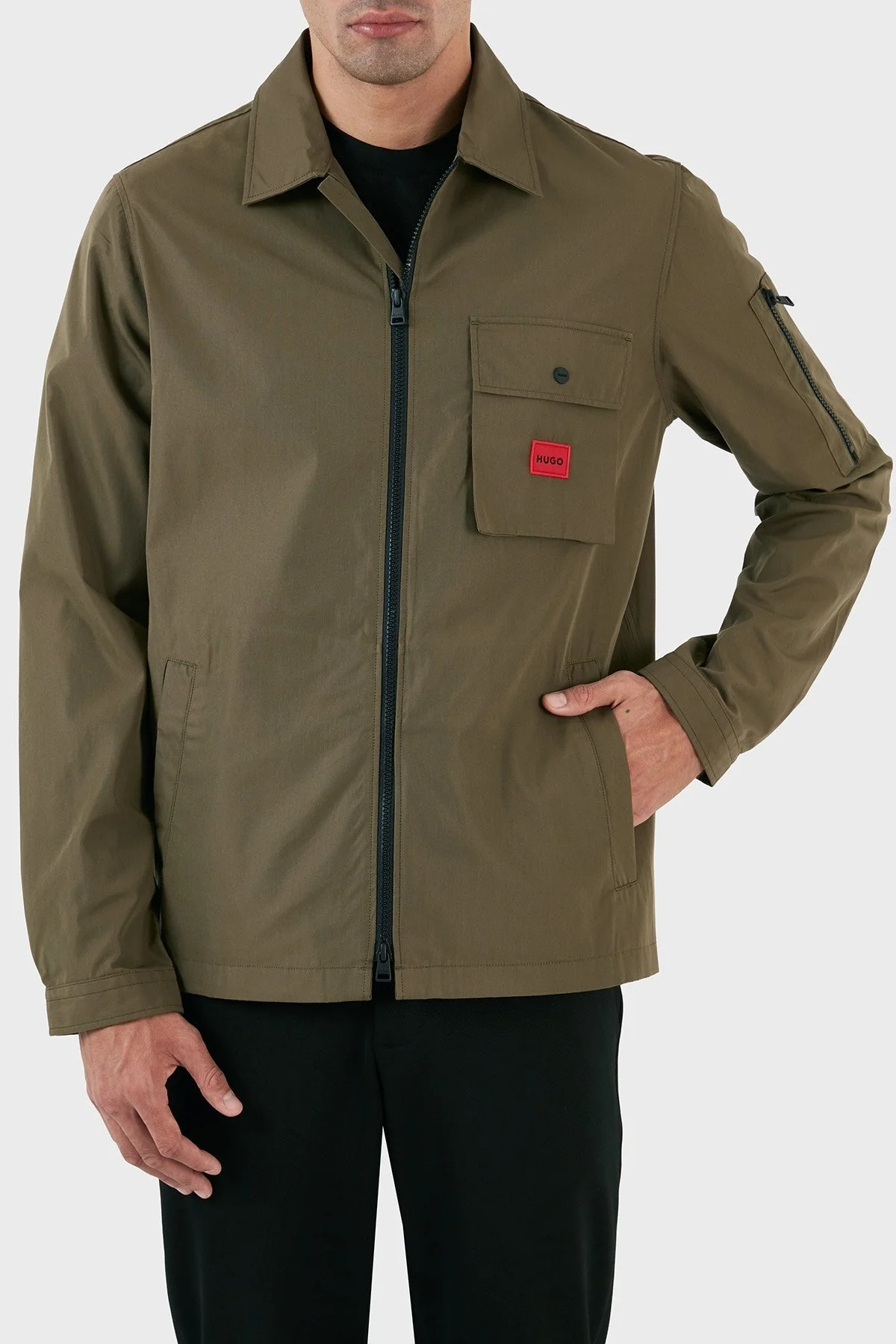 Hugo Logo Şeritli Fermuarlı Pamuk Karışımlı Kanvas İnce Erkek Gömlek Ceket 50482701 313 YEŞİL - 6