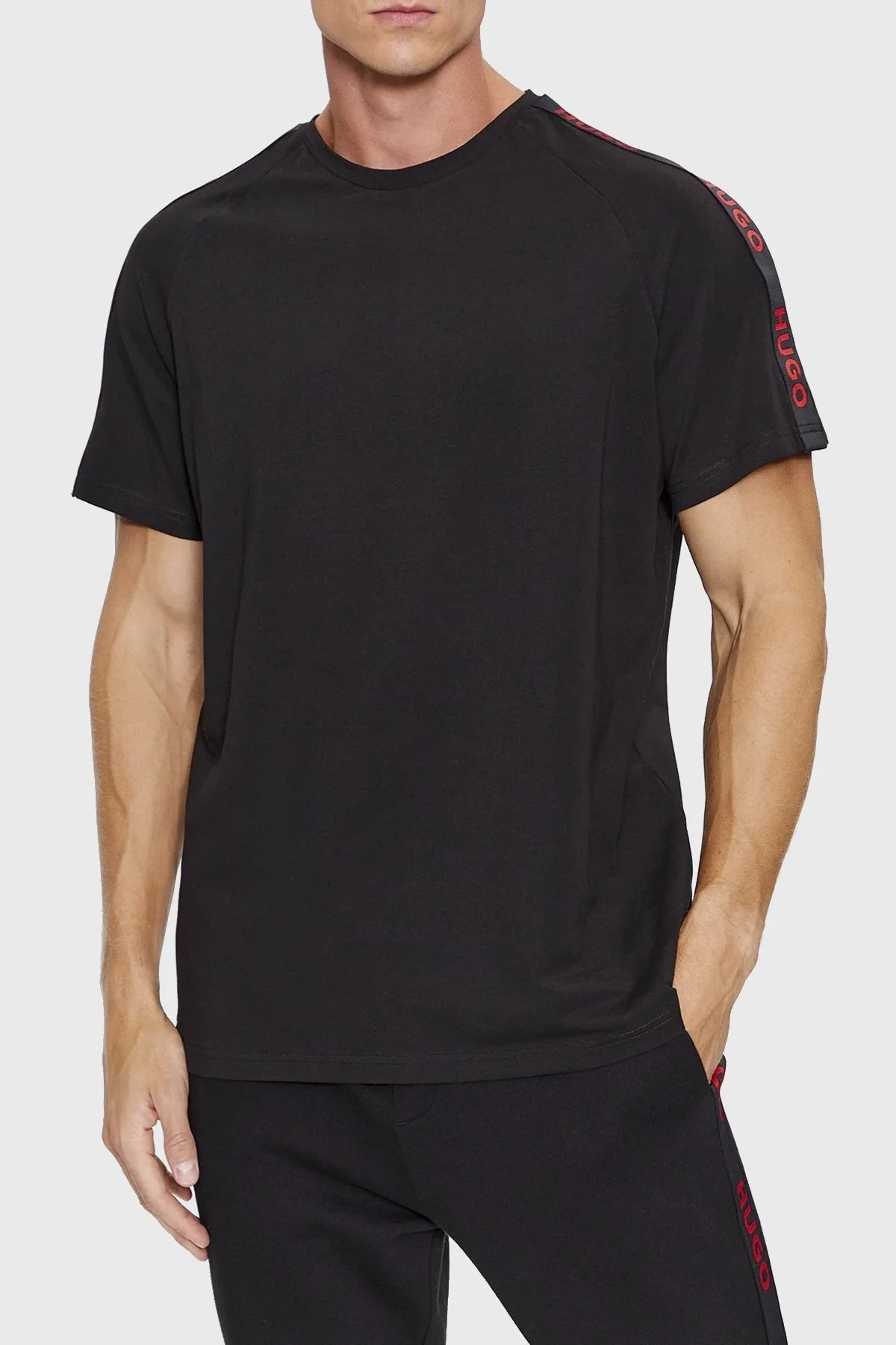 Hugo Logo Şeritli Streç Pamuklu Bisiklet Yaka Relaxed Fit Erkek T Shirt 50504270 001 SİYAH - 1