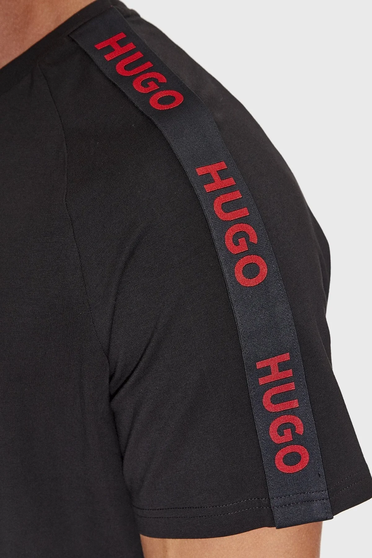 Hugo Logo Şeritli Streç Pamuklu Bisiklet Yaka Relaxed Fit Erkek T Shirt 50504270 001 SİYAH - 4