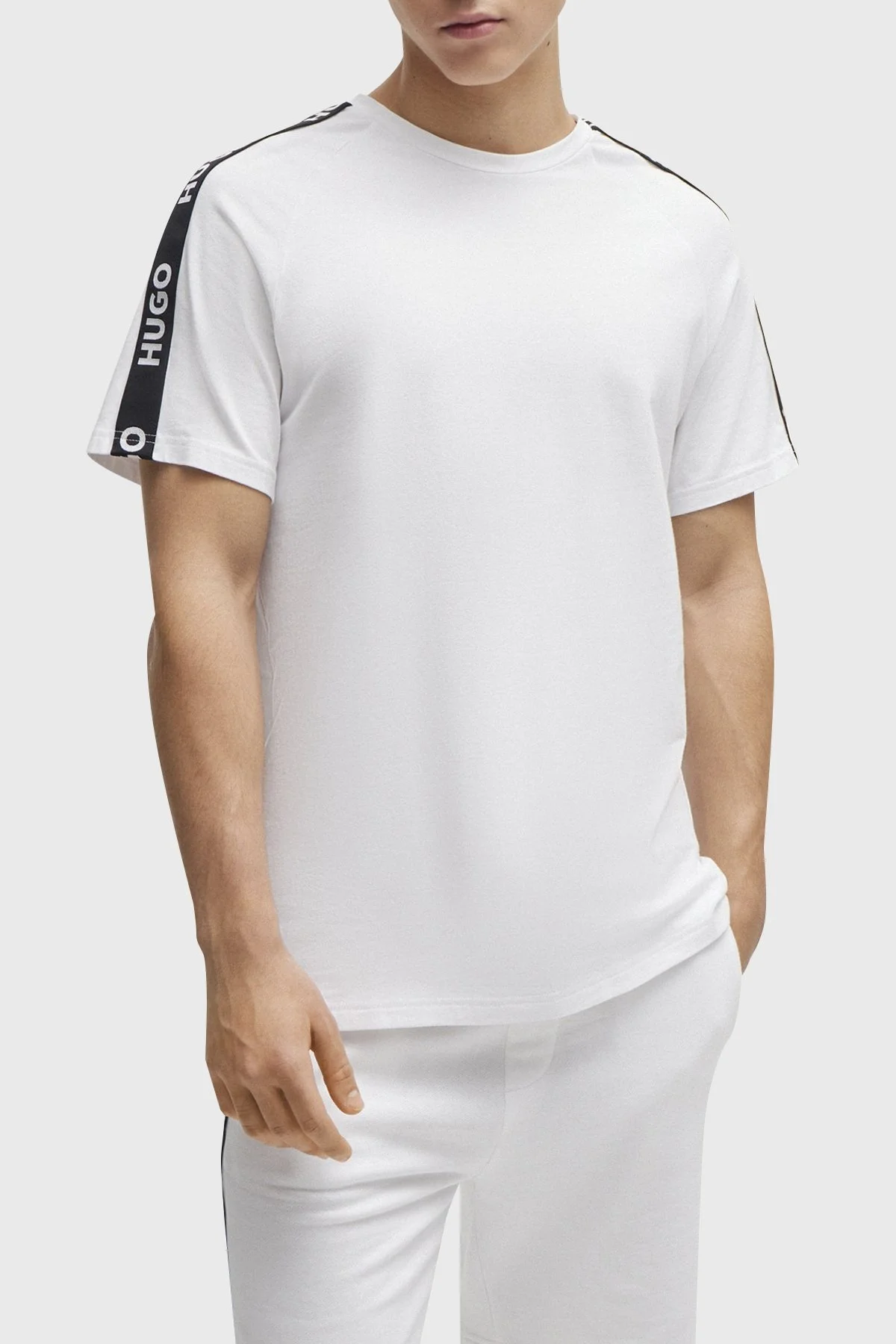 Hugo Logo Şeritli Streç Pamuklu Bisiklet Yaka Relaxed Fit Erkek T Shirt 50504270 100 BEYAZ - 1