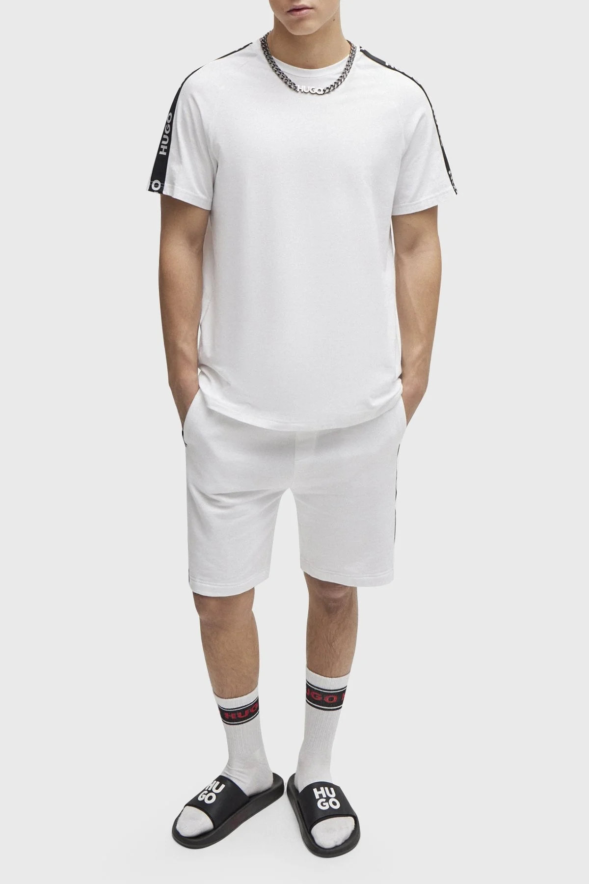 Hugo Logo Şeritli Streç Pamuklu Bisiklet Yaka Relaxed Fit Erkek T Shirt 50504270 100 BEYAZ - 2