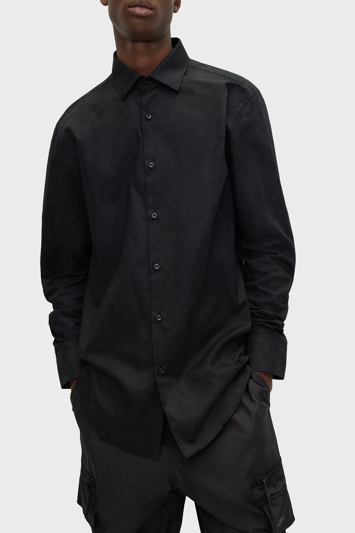 Hugo Logolu Jakarlı % 100 Pamuk Slim Fit Erkek Gömlek 50500965 001 SİYAH - 1